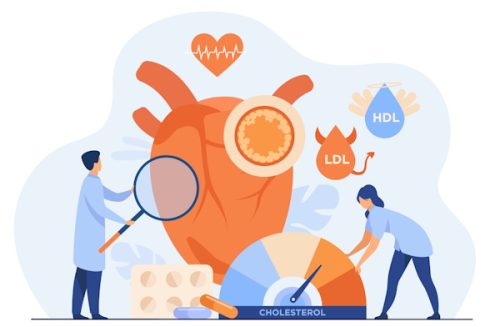 Heart disease risk concept. Medical examination of heart with high cholesterol, blood pressure and cardiovascular system problems. Flat vector illustration for medicine, health care, treatment concept